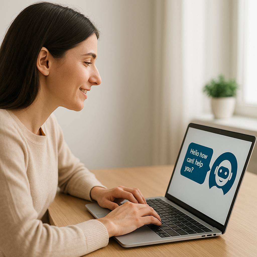 Mulher sorri enquanto utiliza o computador portátil com um assistente virtual no ecrã, simbolizando a interação entre pessoas e inteligência artificial.