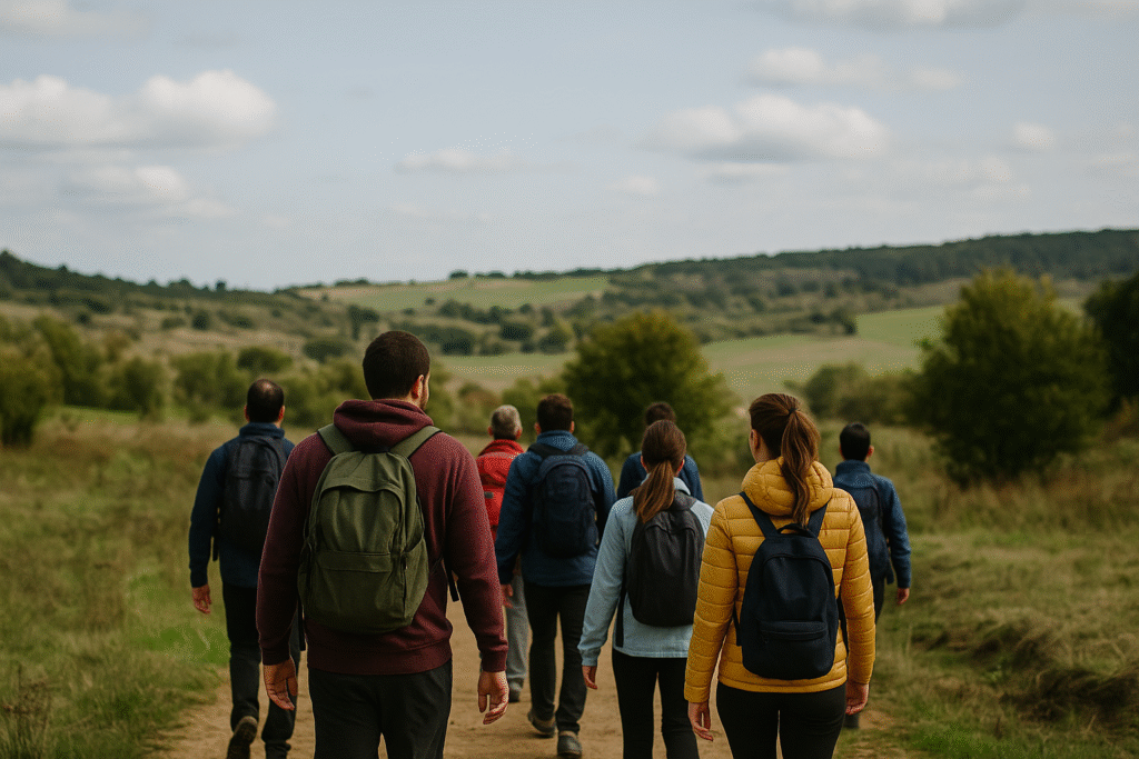 Grupo de caminhantes percorre um trilho rodeado de colinas verdes em Arruda dos Vinhos, durante uma manhã de convívio e solidariedade.
