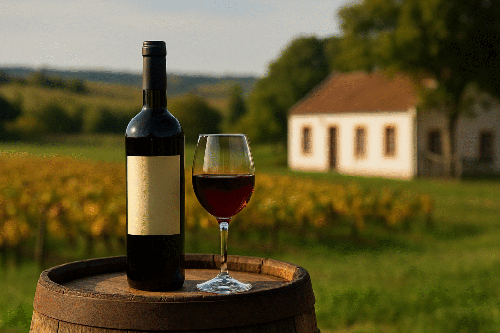 Garrafa e copo de vinho sobre uma pipa com vinha e edifício rural ao fundo.