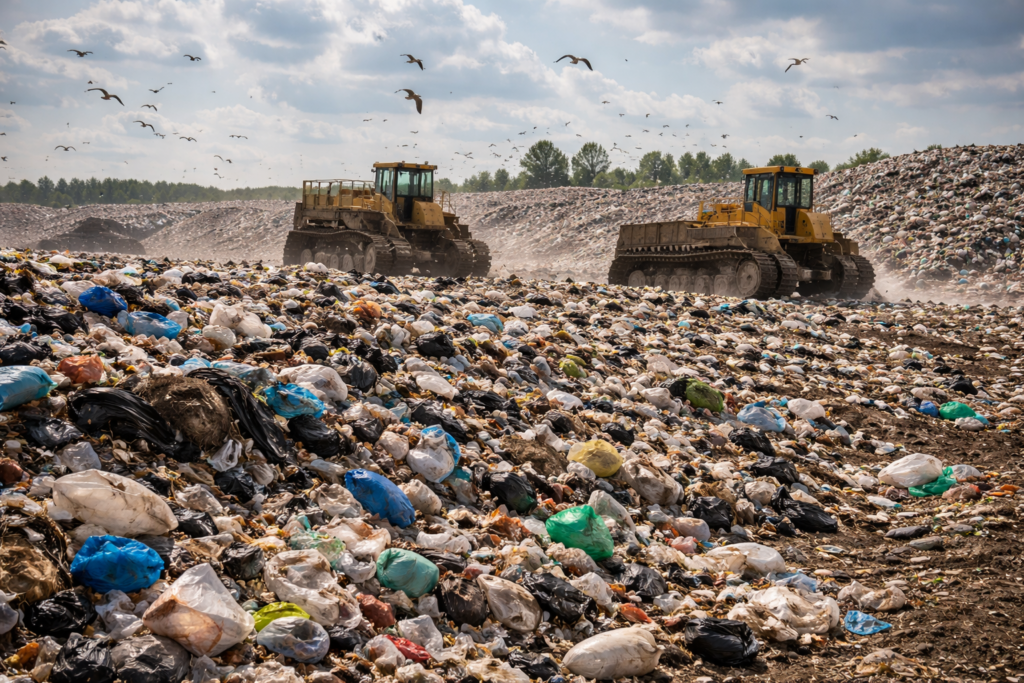 Máquinas pesadas a operar num aterro sanitário com grandes quantidades de resíduos urbanos acumulados, numa área a céu aberto.