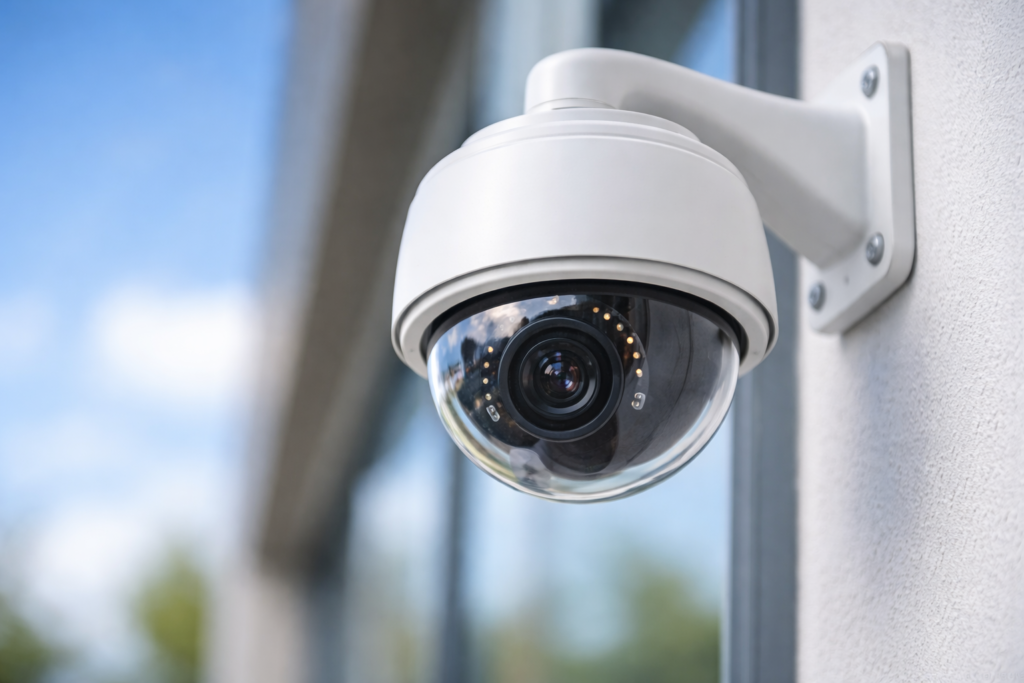 Câmara de videovigilância instalada numa fachada, utilizada para monitorização e segurança de espaços públicos.