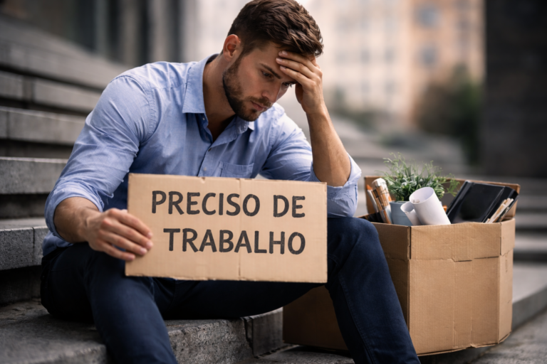 Homem desempregado sentado numa escadaria, com expressão de preocupação, segurando um cartão com a frase “Preciso de trabalho”, ao lado de uma caixa com objetos pessoais.