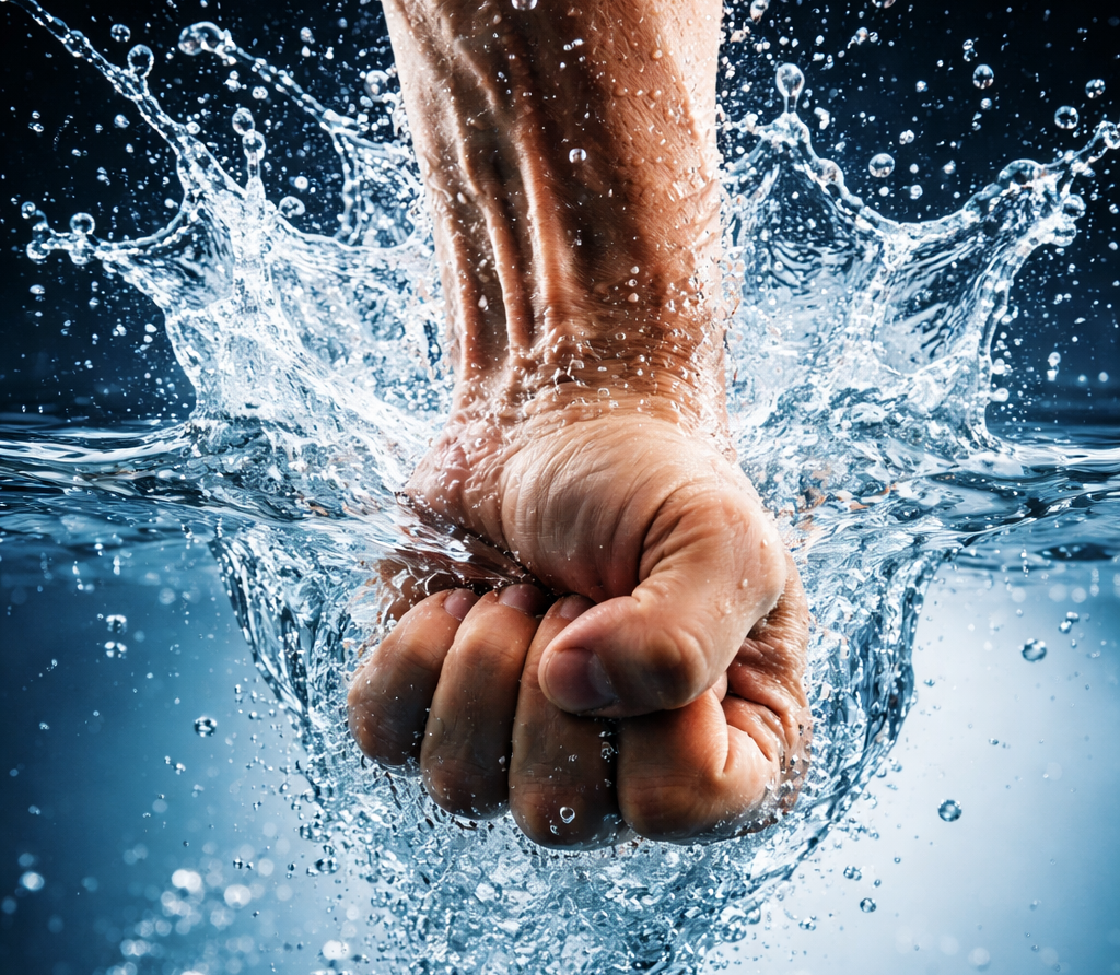 Punho fechado a entrar na água, simbolizando o impacto do preço da água e das políticas de concessão nos consumidores.