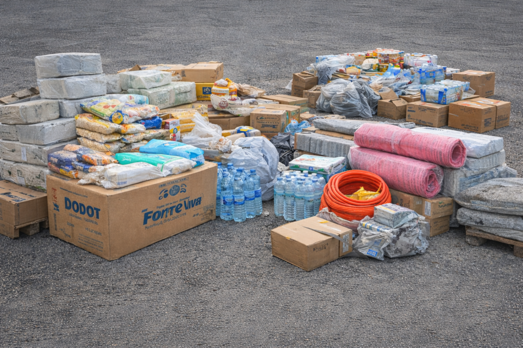 Bens essenciais reunidos para apoio às populações de Leiria, incluindo água, alimentos, produtos de higiene e materiais de recuperação