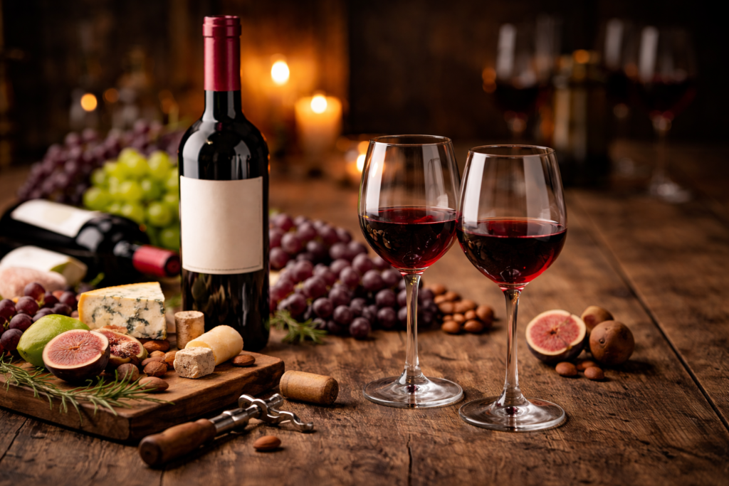 Duas taças de vinho tinto e uma garrafa sobre uma mesa rústica, representando o 43.º Concurso de Vinhos do Município de Azambuja, colheita de 2025.