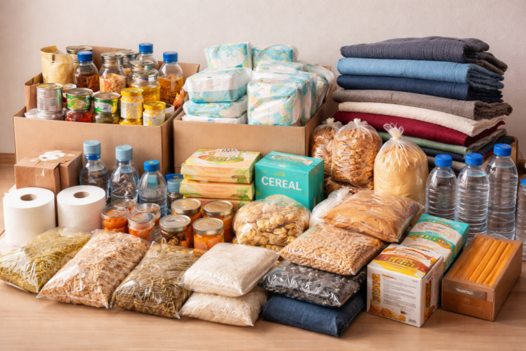 Alimentos não perecíveis, água, produtos para bebés, roupa e cobertores reunidos para uma campanha solidária.