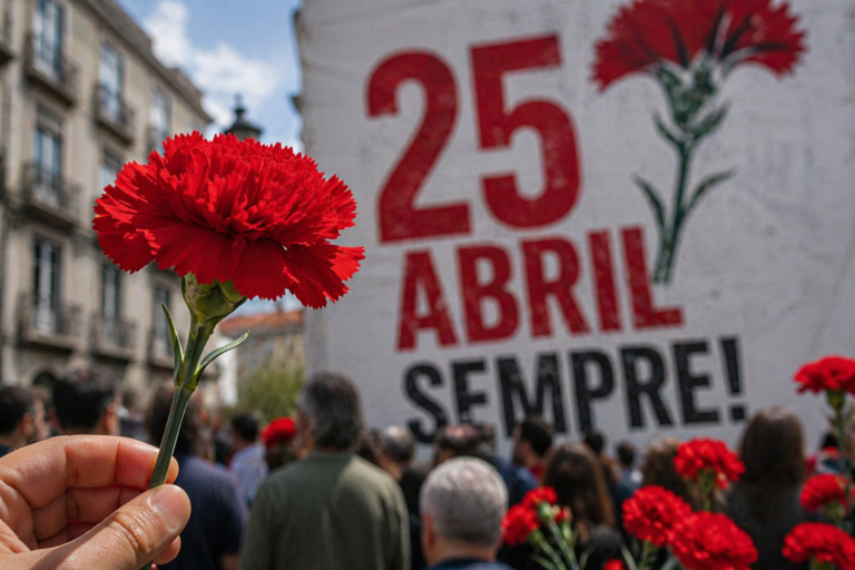 Cravo vermelho em primeiro plano com pessoas reunidas numa celebração do 25 de Abril em segundo plano.