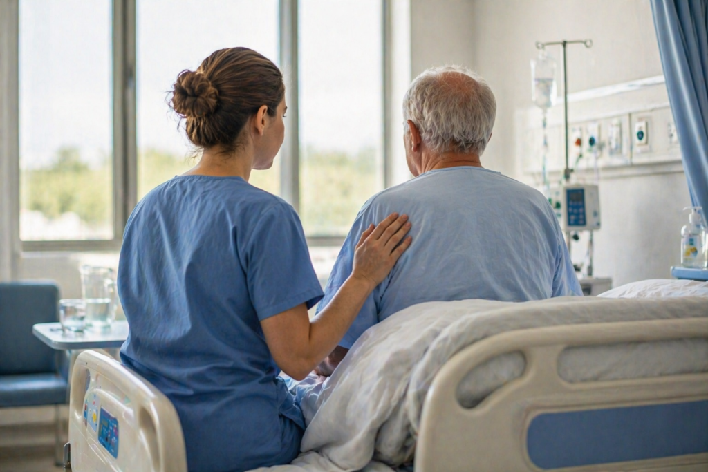 Profissional de saúde junto a um doente idoso numa cama hospitalar, representando internamentos sociais no SNS.