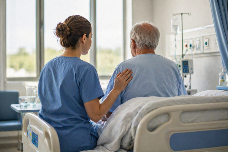 Profissional de saúde junto a um doente idoso numa cama hospitalar, representando internamentos sociais no SNS.