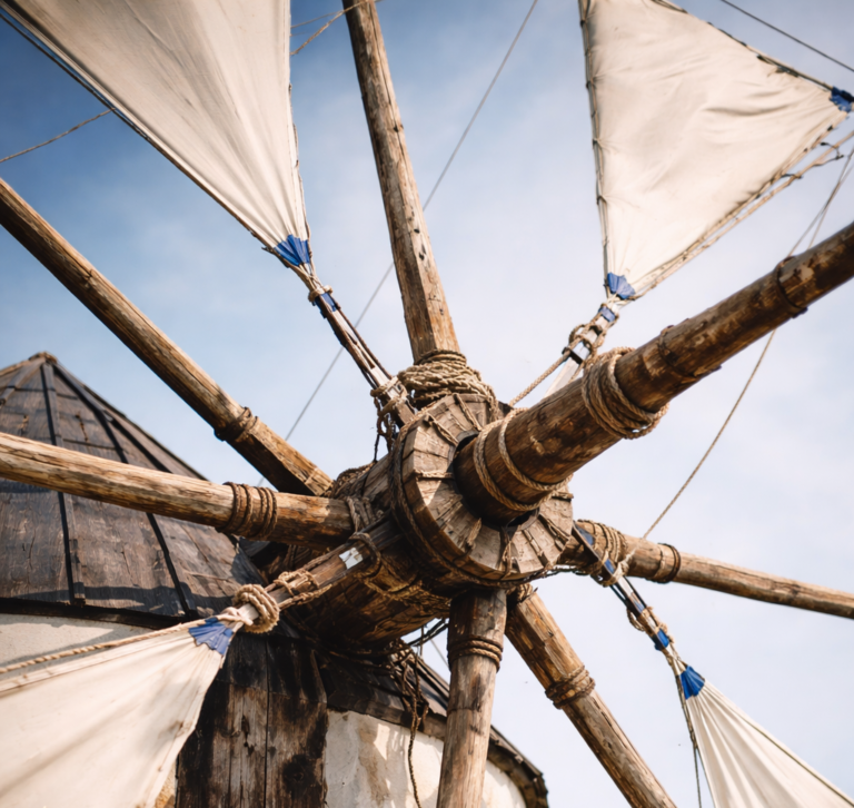 Close-up da roda e velas de um moinho tradicional, com destaque para a estrutura em madeira e os detalhes técnicos.