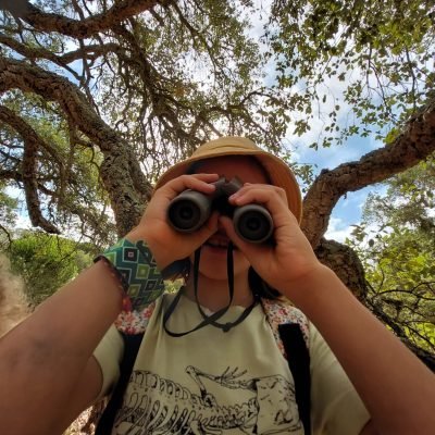 Criança com binóculos observa aves num ambiente natural arborizado no EVOA, no Estuário do Tejo