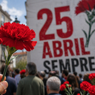 Cravo vermelho em primeiro plano com pessoas reunidas numa celebração do 25 de Abril em segundo plano.