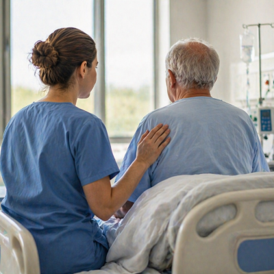 Profissional de saúde junto a um doente idoso numa cama hospitalar, representando internamentos sociais no SNS.