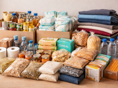 Alimentos não perecíveis, água, produtos para bebés, roupa e cobertores reunidos para uma campanha solidária.