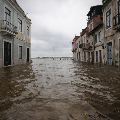 Rua da zona ribeirinha inundada devido à subida do caudal do rio Tejo, com água a atingir a entrada dos edifícios.